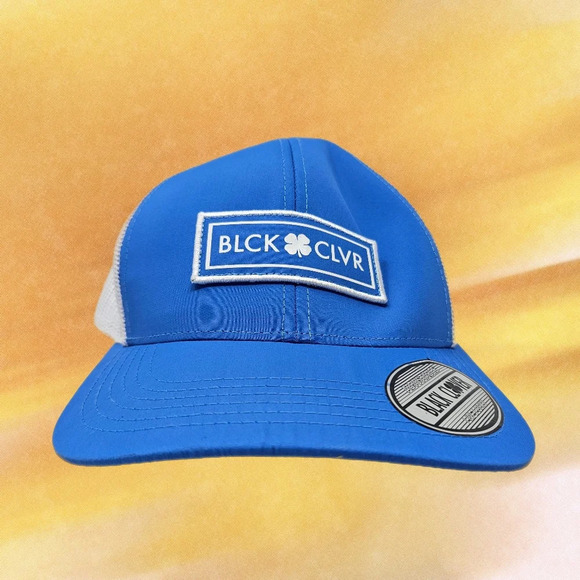 Black Clover Mens Snap Back Baseball Cap Hat Blue-White Mesh Adj. Live Lucky - Picture 1 of 9